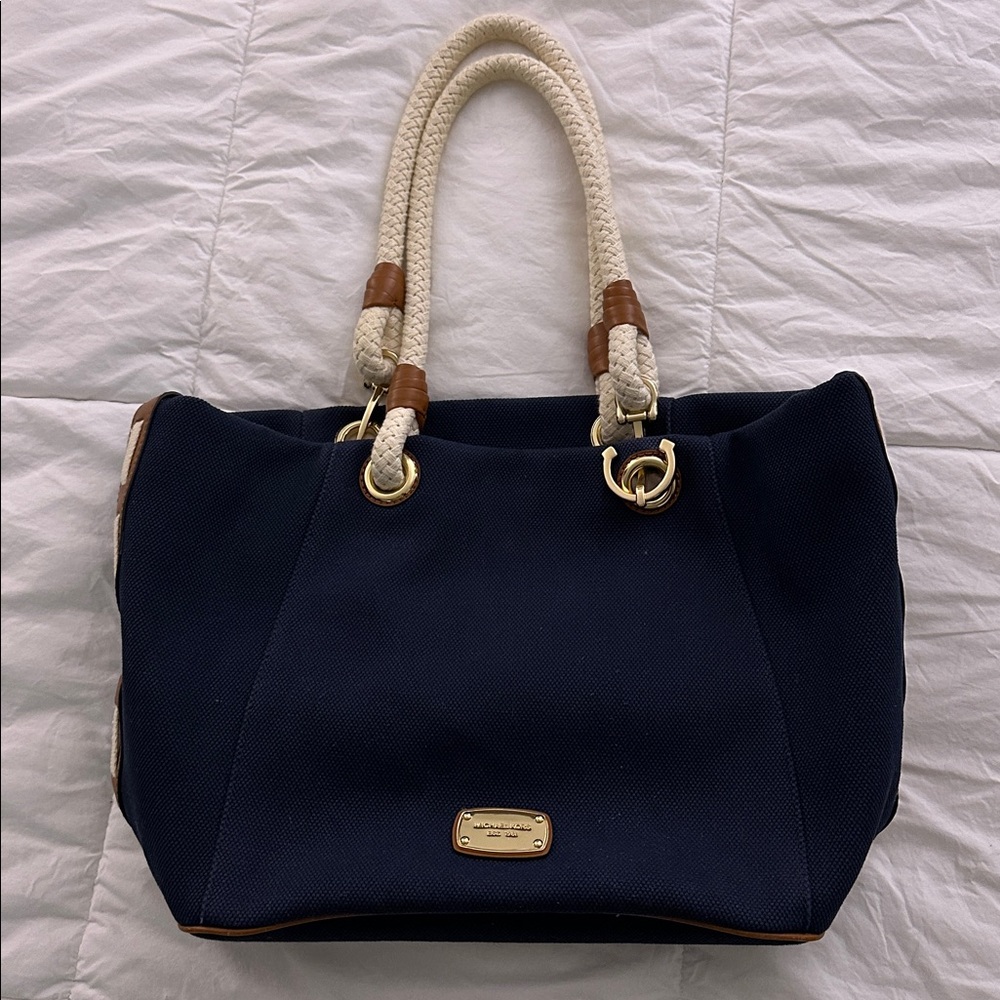 Michael Kors Navy Blue Nautical Tote with Gold Accents